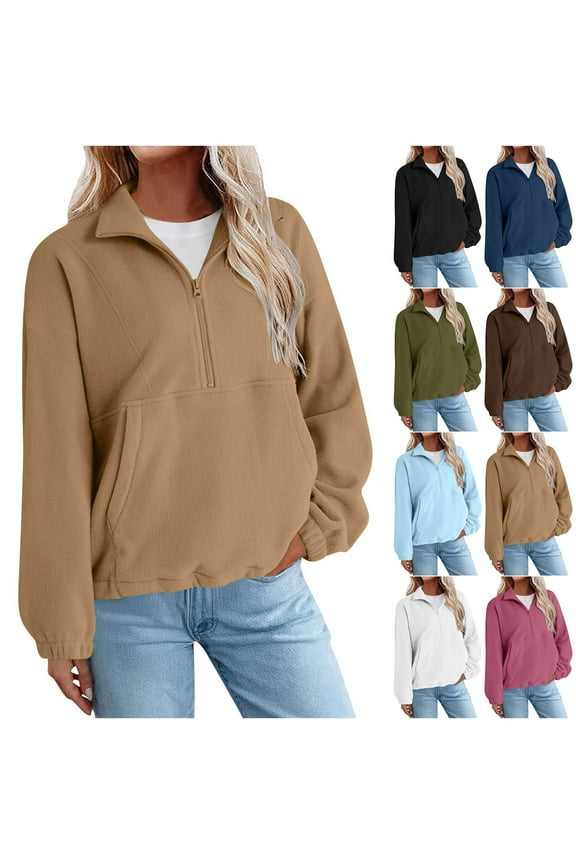 Winter Jackets for Women,Womens Winter Jacket,Women's Solid Color Pullover with Drop Shoulder Half Zip and Pocket In Relaxed Fits Long Sleeve Jacket Casual Comfortable Without Hood