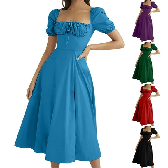 THDHVS Women's Casual Dresses,Summer Dresses for Women 2025,Fashion Women Summer Casual V-Neck Short Sleeve Solid Dress Red S