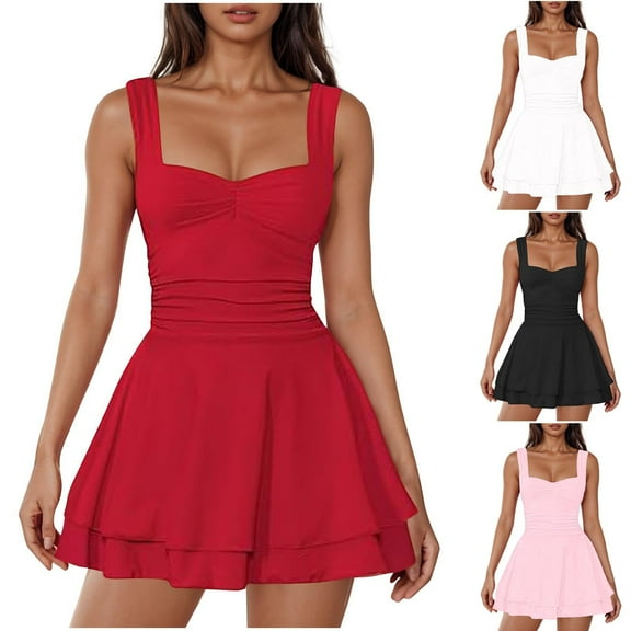 THDHVS Women's Casual Dresses,Summer Dresses for Women 2025,Women's Square Neck Ruffle Hem Mini Dress Ruched Waist Short Party Dresses White M