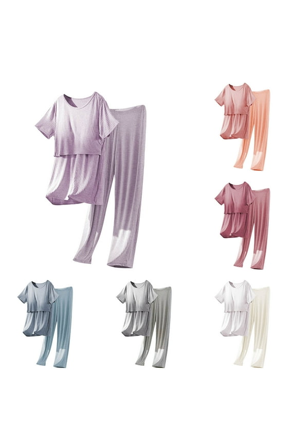Women's Pajama Sets,Pajamas for Women Set,Women's Plus Size Solid Color Crew Neck with Breast Pad Nursing Maternity Short Sleeve Top Long Pants Houngewear Set Gray M