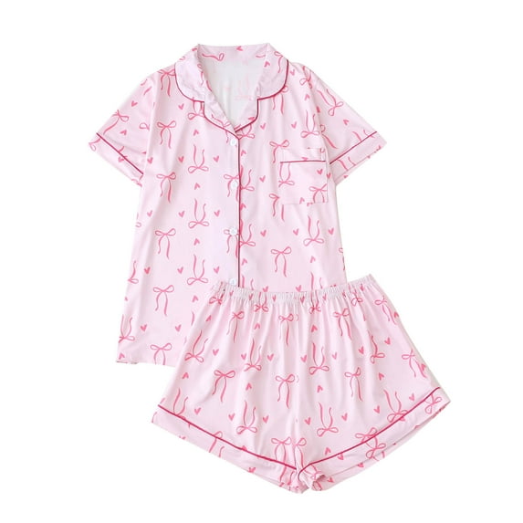 THDHVS Women's Pajama Sets,Pj Sets for Woman,Women Bow Print Lapel Short Sleeve Pajama Set with Pocket for Casual Home Comfortable and Stylish Sleepwear Pink M