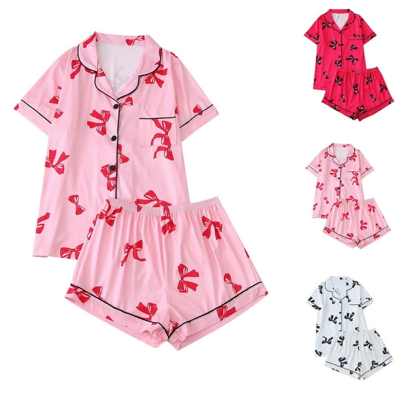 THDHVS Women's Pajama Sets,Pj Sets for Woman,Women Bow Print Lapel Short Sleeve Pajama Set with Pocket for Casual Home Comfortable and Stylish Sleepwear White L