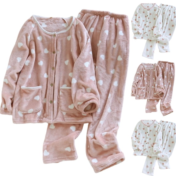 THDHVS Women's Pajama Sets,Women Print Flannel Pajama Set with Thickened Pile and Button Front for Winter Comfortable and Stylish Home Wear Pink XL