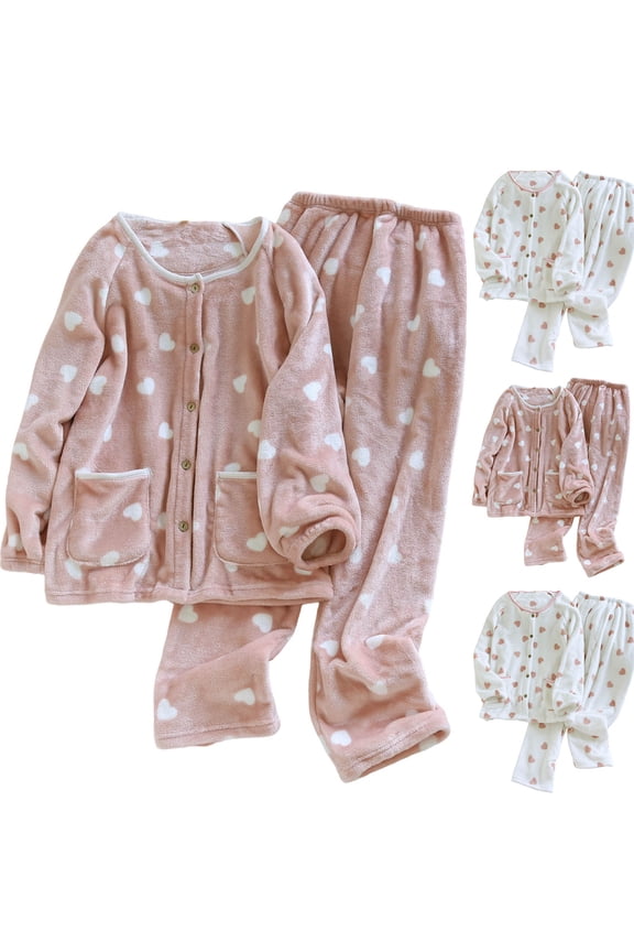 Women's Pajama Sets,Women Print Flannel Pajama Set with Thickened Pile and Button Front for Winter Comfortable and Stylish Home Wear Pink XL