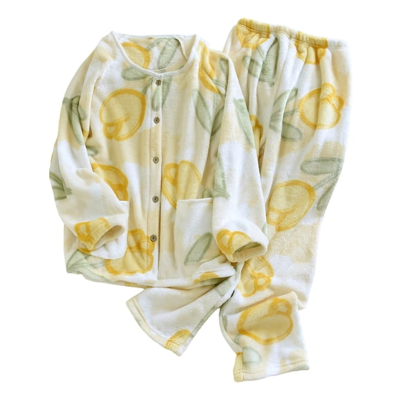 THDHVS Women's Pajama Sets,Pj Sets for Woman,Women Print Flannel Pajama Set with Thickened Pile and Button Front for Winter Comfortable and Stylish Home Wear Yellow M