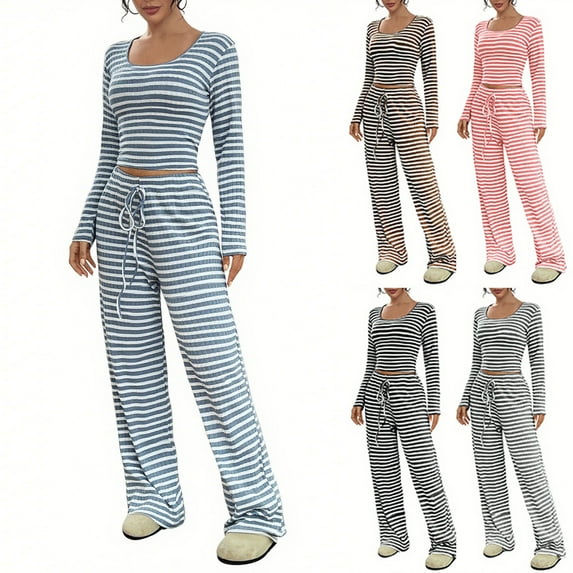 THDHVS Women's Pajama Sets,Pj Sets for Woman,Women Striped Cardigan Pajama Set with Round Neck Long Sleeve Top and Pants for Versatile Home Wear Coffee L