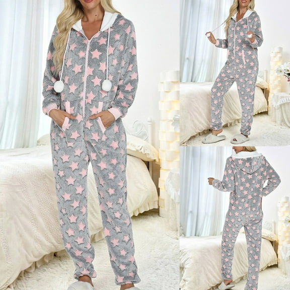 THDHVS Women's Pajama Sets,Pj Sets for Woman,Women's Star Print Hooded Long Sleeve Onesie for Fall and Winter Home Wear and Funny Sleepwear Gray M