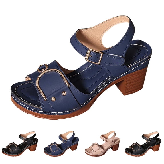 THDHVS Women's Sandals,Casual Shoes for Women,Peep Toe Heeled Sandals with Ankle Strap Fashion Statement Dark Blue