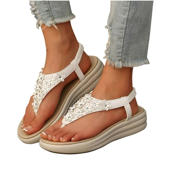 THDHVS Women's Sandals,Sandals for Women,Dressy Summer Bohemian Flats Shoes for Women Sandals Comfortable Ankle Strap Outdoor Walking White 5.5