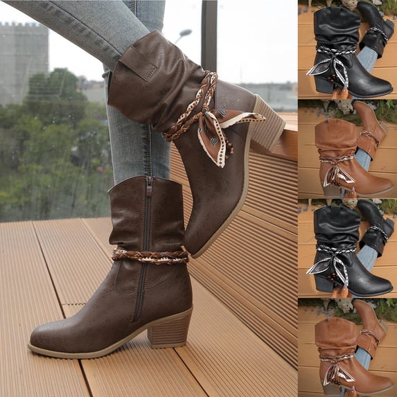 THDHVS Womens Boots,Ankle Boots for Women,Fashion Casual British Style Western Ethnic Style Pile Boots Thick Heel Mid Heel Ankle Boots Boots Coffee