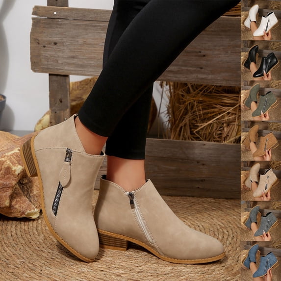 THDHVS Womens Boots,Ankle Boots for Women,Women's Chunky Heel Ankle Boots with Side Zipper and Pointed Toe for Casual Green