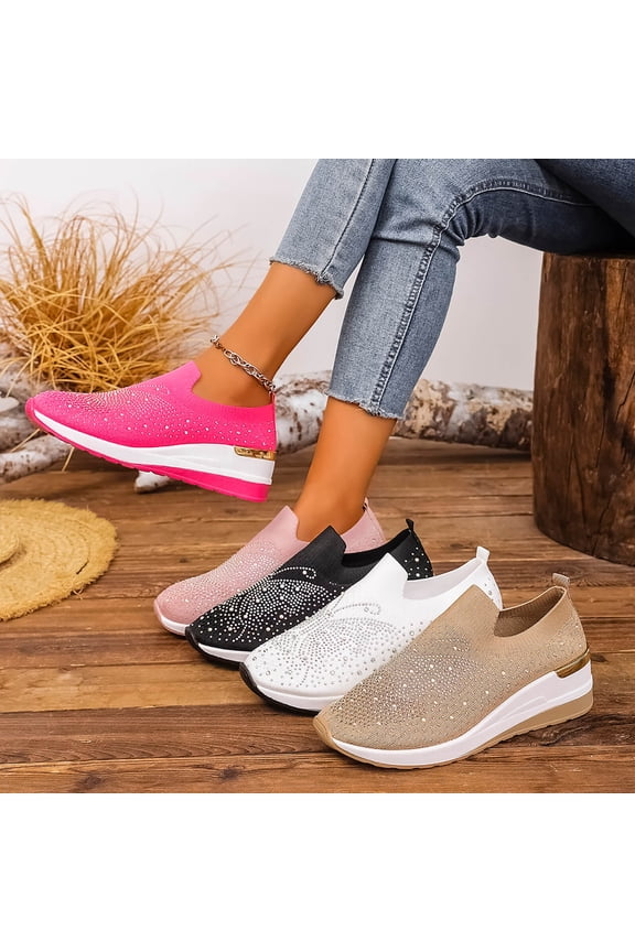 Womens Casual Shoes,Comfortable Dress Shoes for Women,Fashion Casual Versatile Breathable Oversized Wedge Heel with Diamond Studded Fly Woven Shoe White