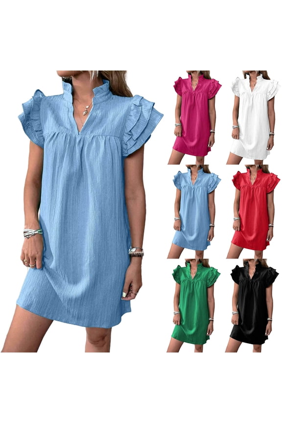 Womens Dresses,Casual Dresses for Women,Stand Collar Flounce Hem Shift Dress Short Sleeve Solid Color Relaxed Red