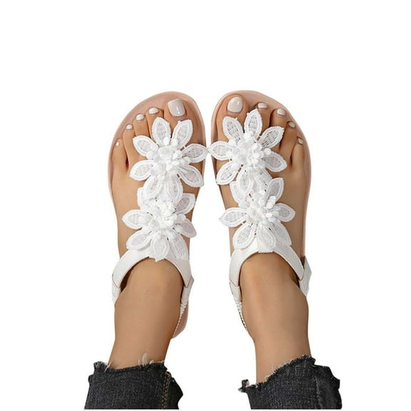 THDHVS Flat Sandals for Women,Sandals Women,Fashion Casual Flower Clip-Toe Spring and Summer Breathable Flat Sandals White 8.5