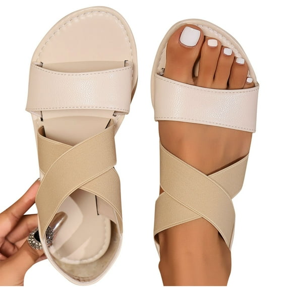 THDHVS Flat Sandals for Women,Sandals Women,Fashion Casual Summer Flat Sandals Adjustable Double Elastic Bands Straps White 6