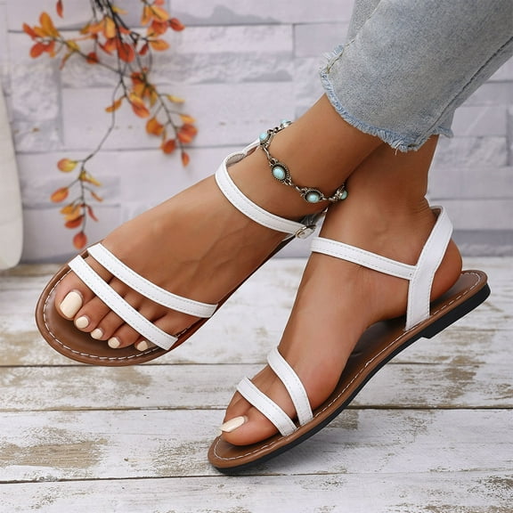 THDHVS Beach Sandals for Woman,Womens Sandals,Summer Comfortable Dressy Flat Casual Ankle Strap Elastic Slip on Beach Sandal White 9.5