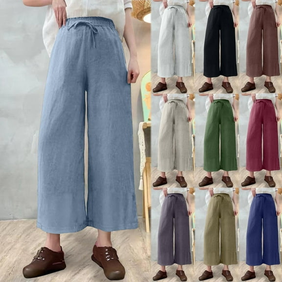 THDHVS Womens Linen Pants,Wide Leg Pants for Women,Barrel Leg Sweatpant Drawstring Elastic Waisted Wide Leg Pants Casual Trousers with Pockets Wine 3XL