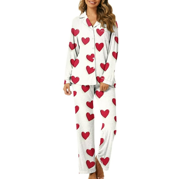 THDHVS Womens Loungewear Set,Pajamas for Women Set,Women's Pajama Sets 2-Piece Fall Lounge Sleepwear Ladies Heart Print Pjs Sets with Pockets White XL