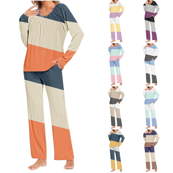 THDHVS Lounge Sets for Women,Fall Pajamas Women,Fashion Print Pajamas for Women Set Long Sleeve Pants Pjs Tops Lounge Sets Sleepwear with Pockets Beige 2XL