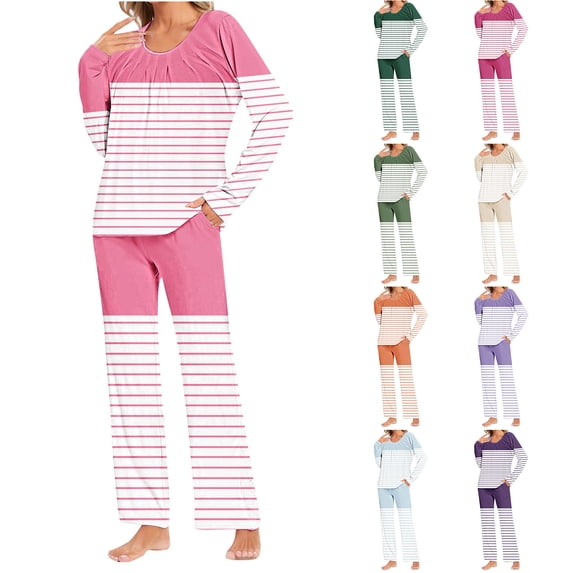 THDHVS Lounge Sets for Women,Fall Pajamas Women,Fashion Print Pajamas for Women Set Long Sleeve Pants Pjs Tops Lounge Sets Sleepwear with Pockets Navy S