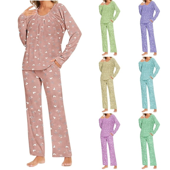THDHVS Lounge Sets for Women,Fall Pajamas Women,Fashion Print Pajamas for Women Set Long Sleeve Pants Pjs Tops Lounge Sets Sleepwear with Pockets Pink S