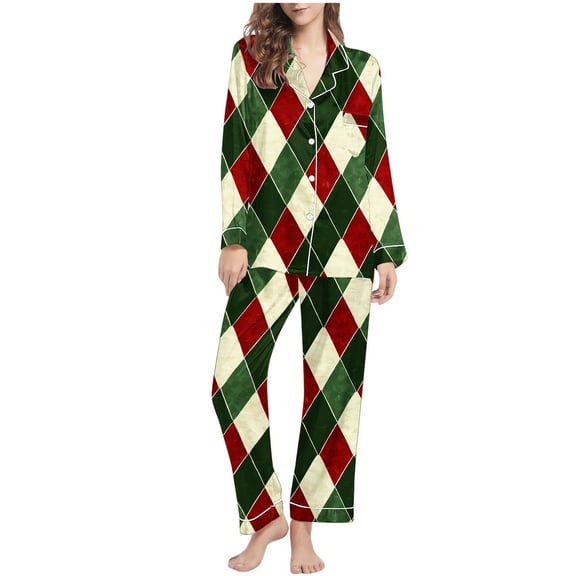 THDHVS Womens Pajama Sets,Lounge Sets for Women,Women Christmas Print Lapel Pajama Set with Long Sleeve Top and Pants for Holiday Loungewear Festive Ideal for Casual Red 2XL