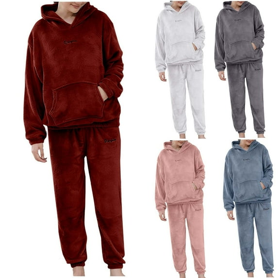 THDHVS Womens Pajama Sets,Lounge Sets for Women,Women Solid Color Hooded Velvet Pajama Set with Loose Fits for Winter Warmth and Casual Gray Free Size