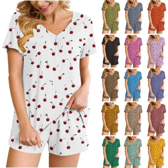 THDHVS Womens Pajama Sets,Lounge Sets for Women,Women V Neck Short Sleeve Pajama Set with Pocketed Sports Shorts for Home Comfortable and Mobility Army Green M