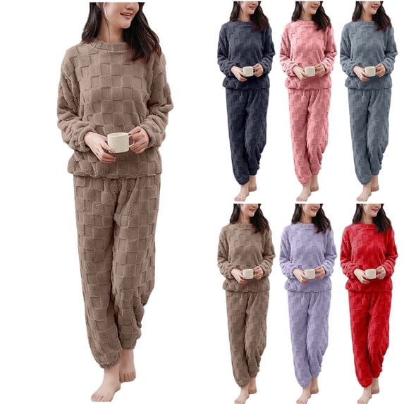 THDHVS Womens Pajama Sets,Lounge Sets for Women,Women Solid Color Fall Winter Pajama Set with Velvet Lining for Warmth and Loose Fits Red Free Size