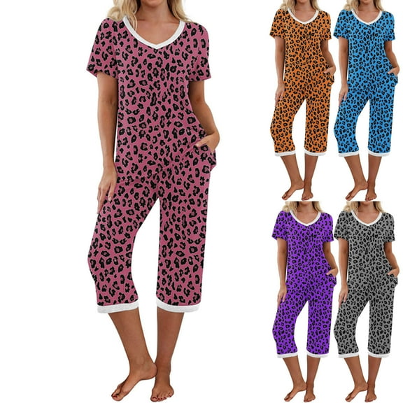 THDHVS Womens Pajama Sets,Pjs Sets for Women,Women V-neck Short Sleeve Pajamas with 7/8 Length Pants Set Casual Pajamas with Pockets Red M