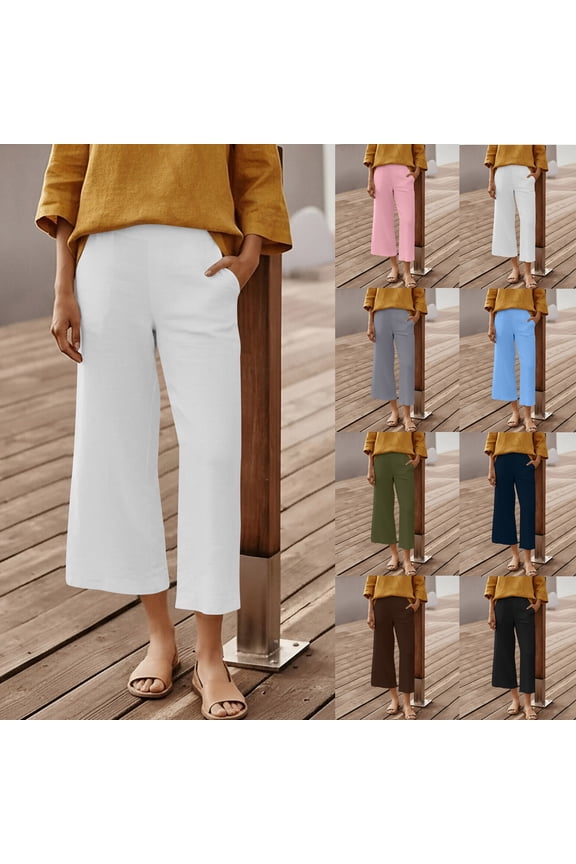 Womens Pants Casual,Pants for Women,Fashion Linen Ankle Pants Solid Color Elastic Waist Straight Navy