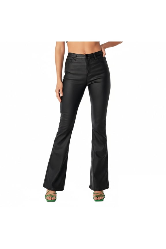 Womens Pants Casual,Pants for Women,Long Faux Leather Flared Pants with Pockets for Party or Casual Black
