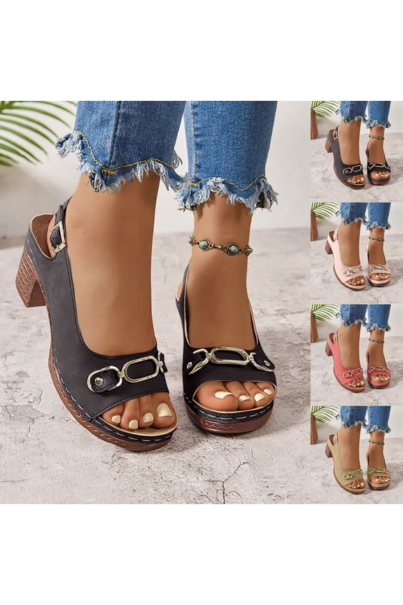 Womens Sandals Comfortable Dressy,Casual Shoes for Women,Women's Fashion Casual Summer Thick-Soled High Heels Chain Buckle Sandals Yellow