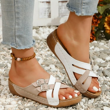 THDHVS Womens Wedge Sandals,Wedge Sandals for Women,Comfortable Double Buckle Slip-On with Arch Support Slides for Women Footwear Khaki 5.5