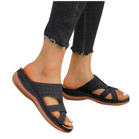 THDHVS Wedge Sandals for Women,Women's Sandals,Women's Fashion Casual Spring New Beach Round Toe Open Toe Thick Bottom Wedge Heels Black 7