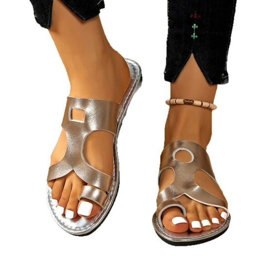 THDHVS Beach Sandals for Woman,Womens Sandals,Women's Fashion Casual Solid Color Spring and Summer Beach Sandals Gold 7.5