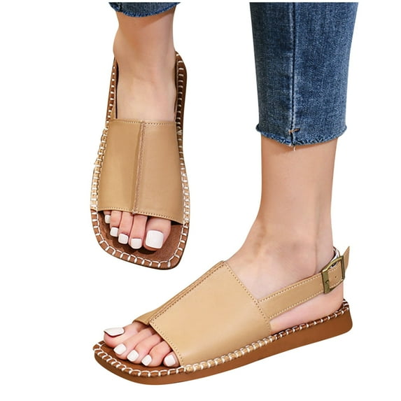 THDHVS Beach Sandals for Woman,Womens Sandals,Women's Fashion and Casual Summer Solid Color Open Toe Beach Slippers Khaki 7.5