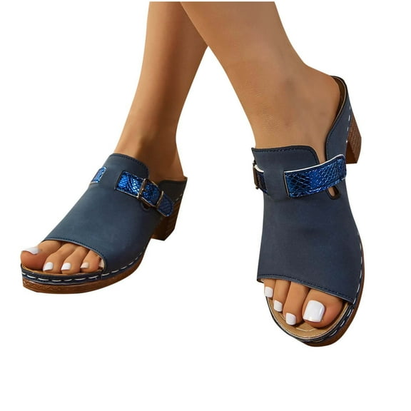 THDHVS Womens Sandals Comfortable,Womens Sandals,Women's Fashion Casual Open Toe Spring and Summer Thick High Heel Belt Buckle Sandals Blue 7