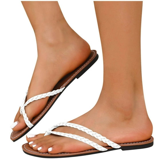 THDHVS Women's Sandals,Flat Sandals for Women,Women's Fashion Casual Solid Color Woven Toe Spring and Summer Flat Flip Flops White 7.5