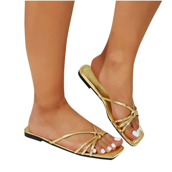 THDHVS Flat Sandals for Women,Womens Sandals,Women's Fashion Casual Thin Straps Spring and Summer Breathable Flat Sandals Gold 7.5