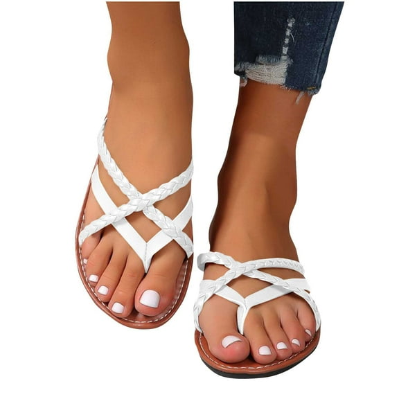 THDHVS Womens Sandals Comfortable,Womens Sandals,Women's Fashion Leisure Woven Vacation Spring and Summer Breathable Beach Flip Flops White 8.5