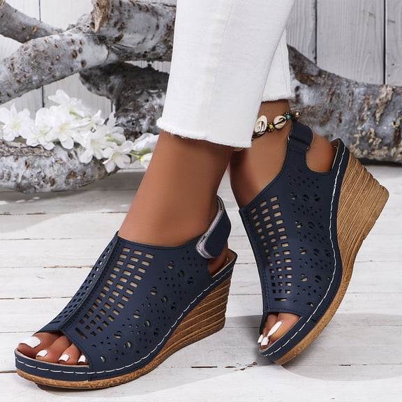THDHVS Comfortable Sandals for Women,Womens Sandals,Fashion Summer High Heel Hollow Buckle Fish Mouth Sandals Dark Blue 5.5