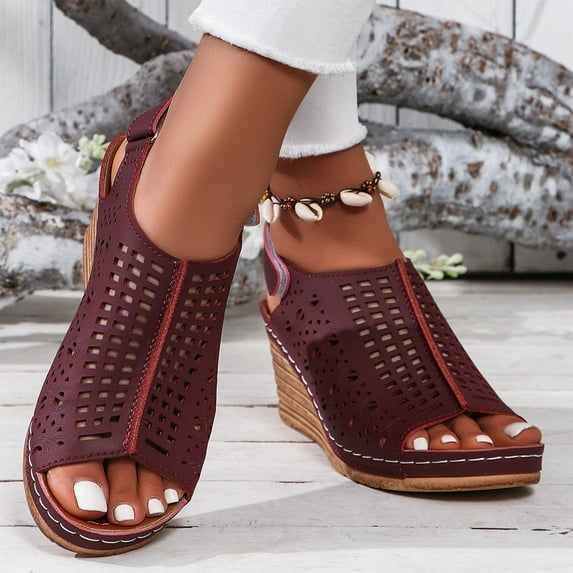 THDHVS Comfortable Sandals for Women,Womens Sandals,Fashion Summer High Heel Hollow Buckle Fish Mouth Sandals Wine 6