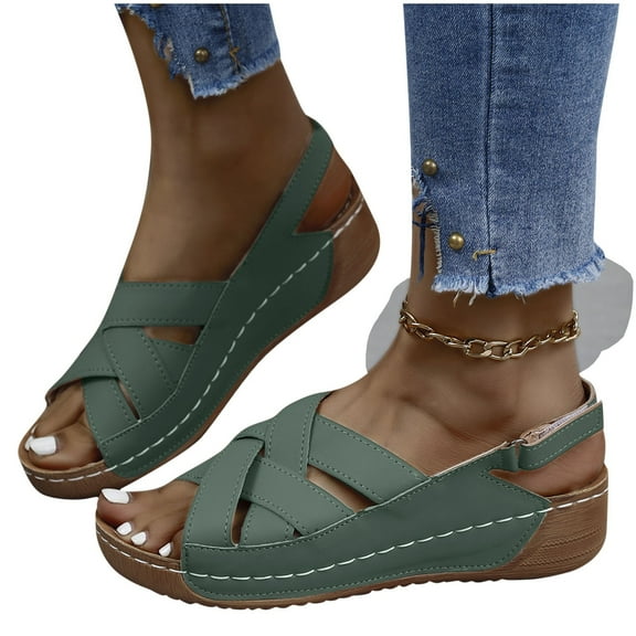THDHVS Womens Sandals Dressy,Womens Sandals,Summer Casual Solid Color Wedge Heel Fish Mouth Strap Sandals Green 6.5