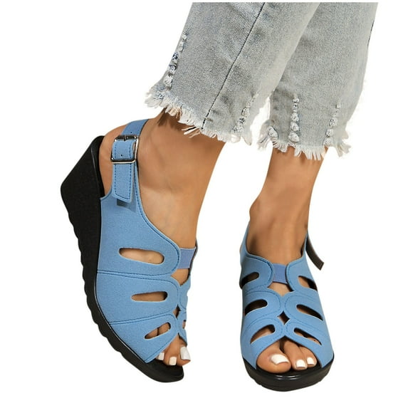 THDHVS Wedge Sandals for Women,Women's Sandals,Summer Casual Style Solid Color Mouth Buckle Hollow Wedge Sandals Sky Blue 6