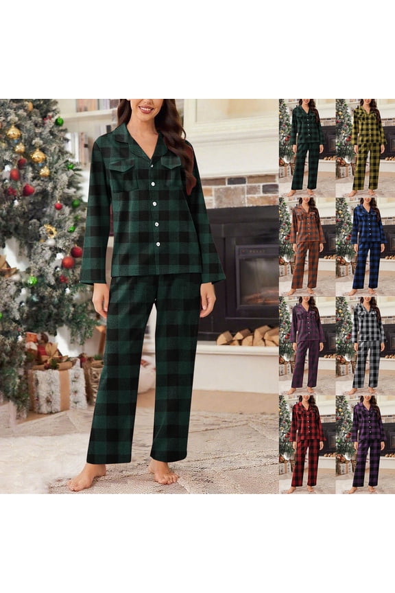 Womens Sets 2 Piece Outfits,Casual Outfits for Women,Women Checkered Collar Long Sleeve Top and Pants Set with Drawstring Elastic Waist and Pockets Pink S