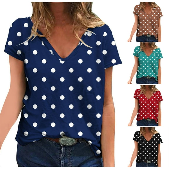 THDHVS Womens Shirts,Tops for Women Trendy,Womens Polka Dot V Neck Tee Short Sleeve Comfortable Casual Blouse