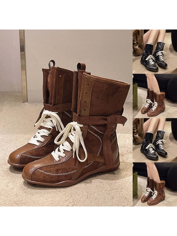 Womens Shoes,Fashion Casual Height-Increasing Flat Boxing Boots Women Western Cowboy Boots Vintage Nubuck Leather Lace-Up Boots Ladies Mid-Heeled Ankle Boot Black