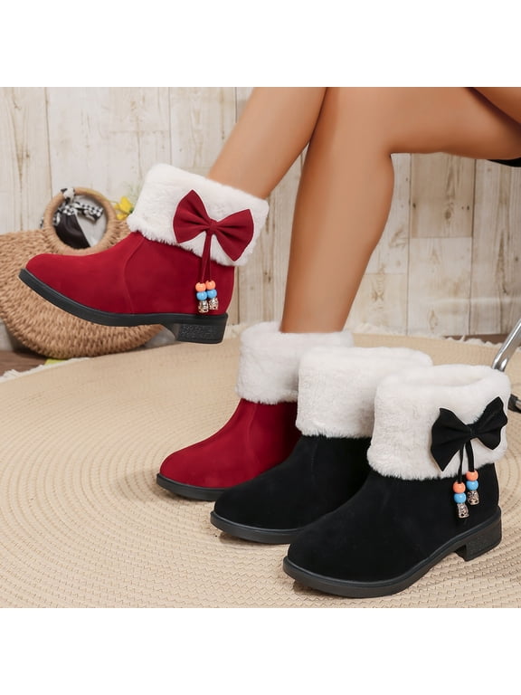 Womens Shoes,Ankle Boots for Women,Fashion and Casual Thick Soled Bow Round Toe Mid Tube Thick Artificial Face Short Boots Red