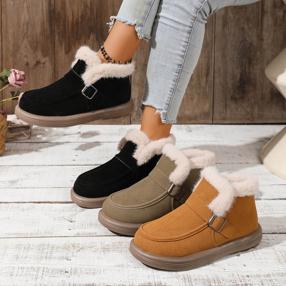 THDHVS Womens Shoes Casual,Comfortable Dress Shoes for Women,Fashion Casual Fashion Fleece-Lined Warm Flat Ski Boots Solid Color Round Toe Ankle Boots Black